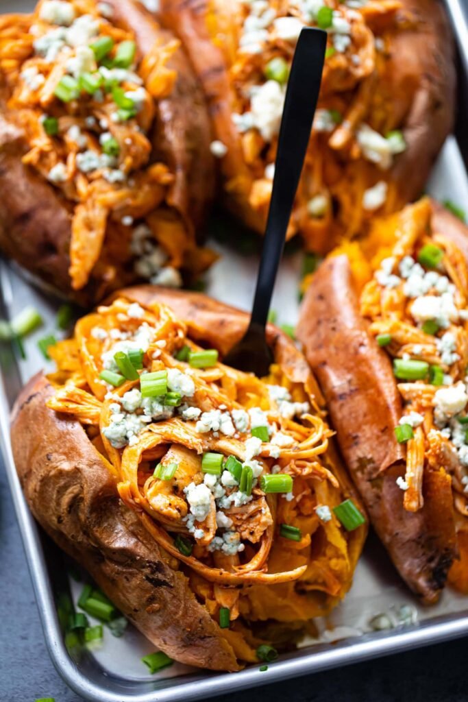 Buffalo Chicken Stuffed Sweet Potatoes